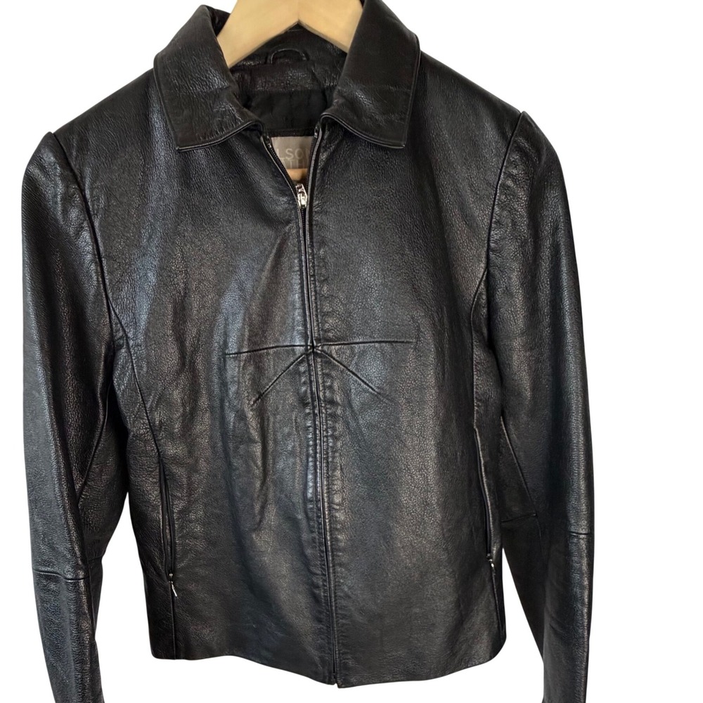 Wilsons Leather Maxima Black Leather Zip Front Jacket Women Medium RN 69426